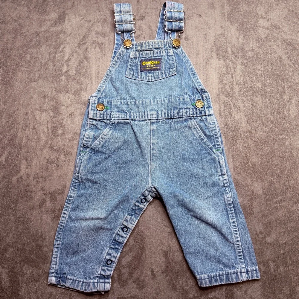 Vintage OshKosh B'Gosh Overalls Unisex Toddler 18M Blue Denim Romper Vestbak USA